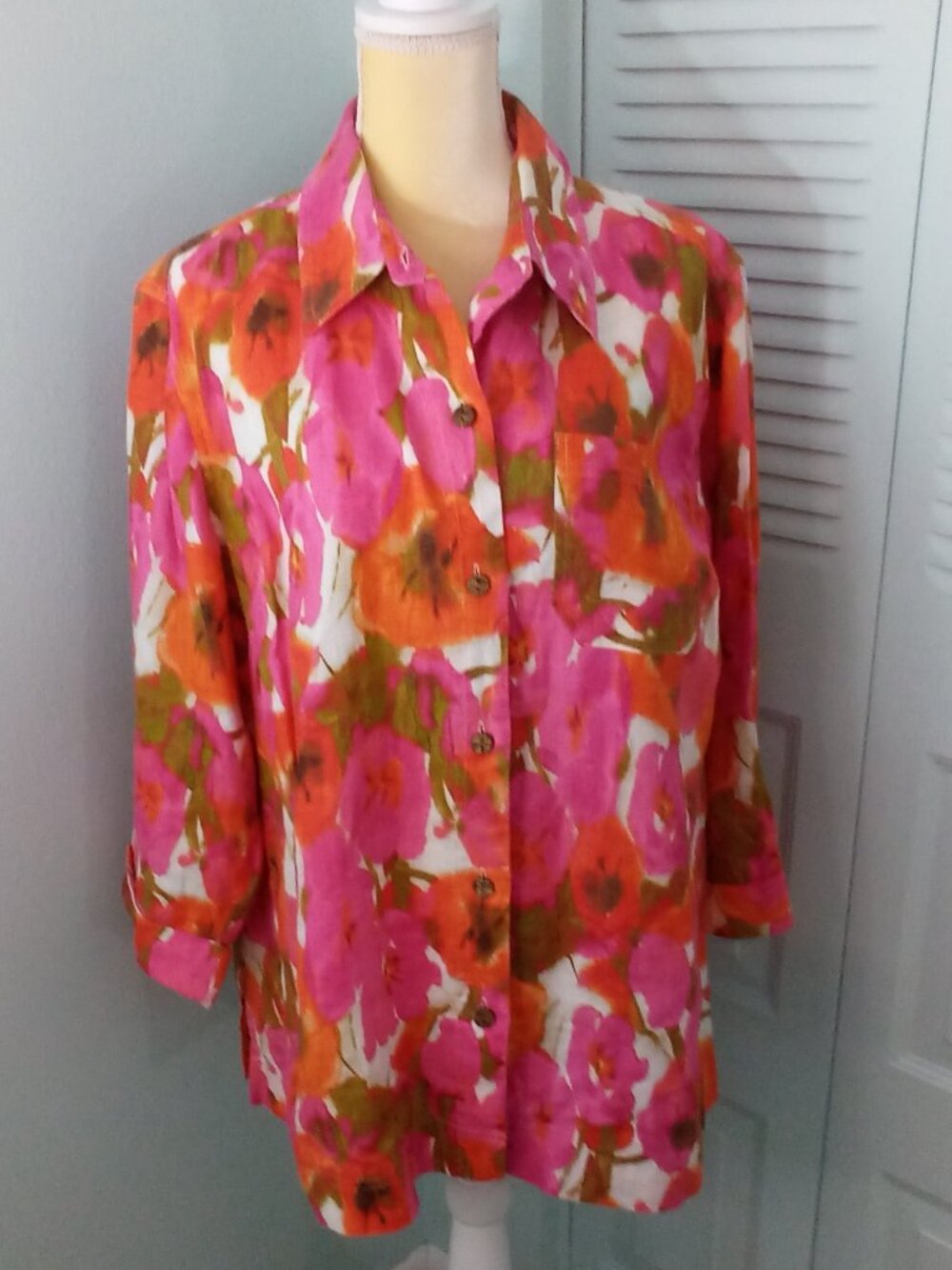 JONES NY SPORT WOMAN 2X 100% LINEN SHACKET FLORAL BUTTON-UP WOODEN BUTTONS SLITS
